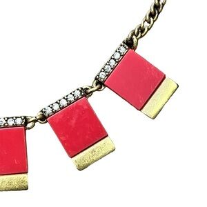 J Crew Red Square Gold-Tone Necklace Rhinestone Diamonds New